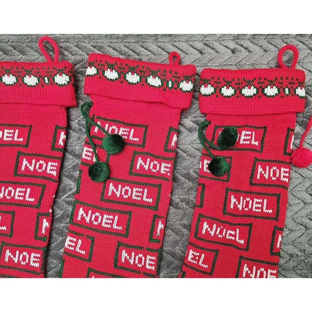 Vintage 4 Knit‎ Pom Pom Christmas Stockings Lot NOEL 3 Red 1 Green Bundle